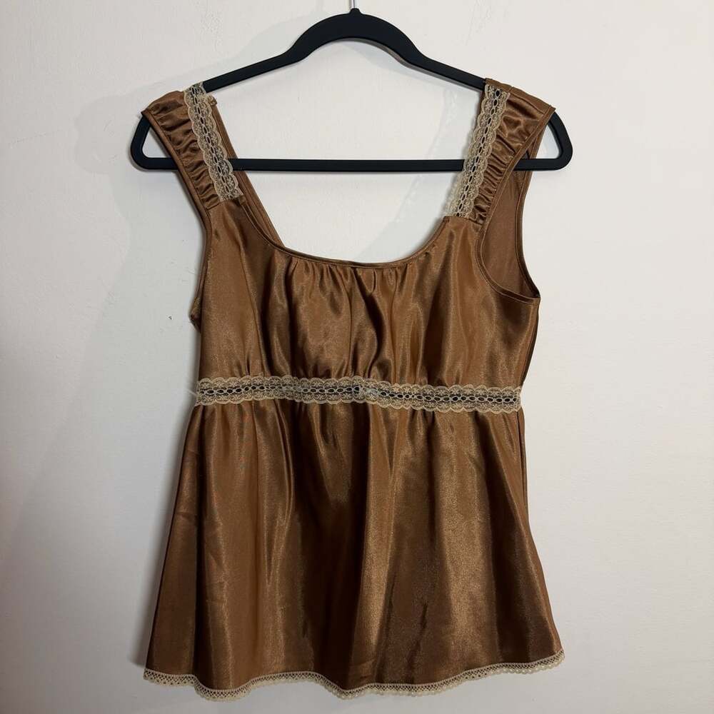NWT Bongo Brown Metallic Babydoll Tank Top Size M Lace Trim Y2K